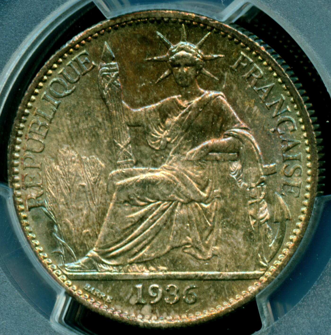 PCGS评级MS63印度法属1936年中国坐洋半圆50c银币蓝色火焰彩五彩原汁原味非常难得的状态