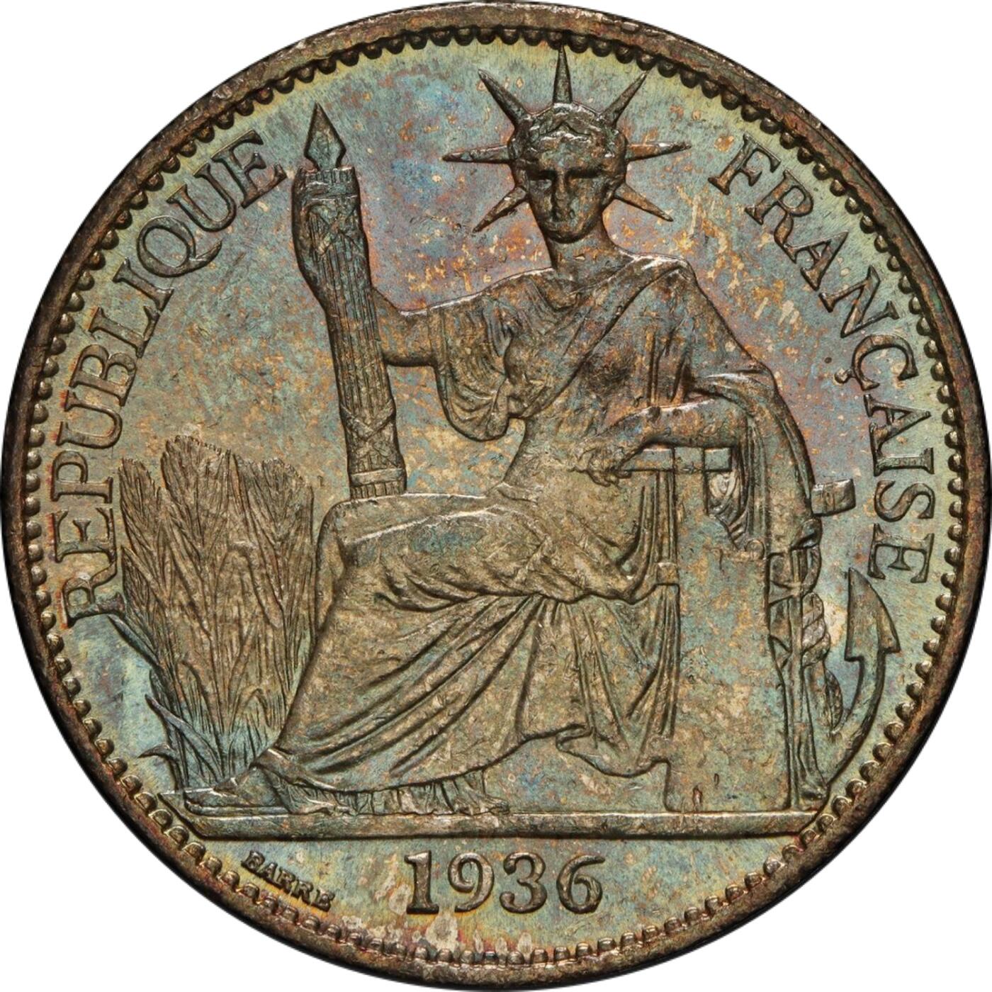 PCGS评级MS63印度法属1936年中国坐洋半圆50c银币蓝色火焰彩五彩原汁原味非常难得的状态