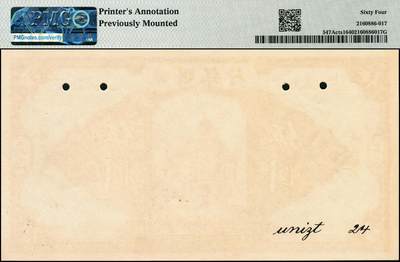 宜和2024年秋季拍卖会-纸币专场 民国十四年（1925年）四明银行德国版伍圆单面试色样本券，正背共2枚（此券刷色为棕色，流通票刷色为绿色），总行行屋图，上海地名，正面PMG 64/Printer's  Annotation Previously Mounted；背面PMG 63/Printer's  Annotation Previously Mounted，均为唯一冠军分