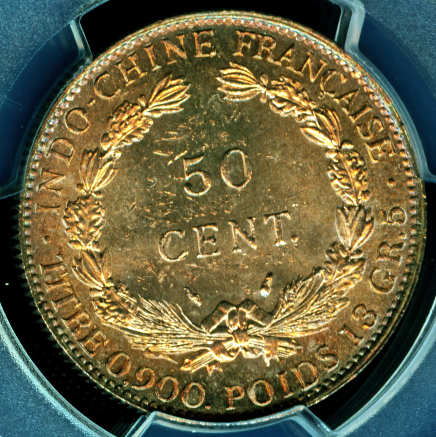 PCGS评级MS63印度法属1936年中国坐洋半圆50c银币蓝色火焰彩五彩原汁原味非常难得的状态