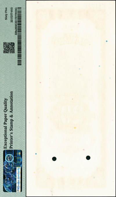 宜和2024年秋季拍卖会-纸币专场 民国十九年（1930年）中央银行关金美钞版贰拾圆单面样本券，正背共2枚，上海地名，印有样本代号“F11724”及印制时间“6/4/44”，正面 PMG 66 EPQ/Printer's Stamp；背面 PMG 65 EPQ/Printer's Stamp & Annotation，均为唯一冠军分。资深藏家出品，配套集藏