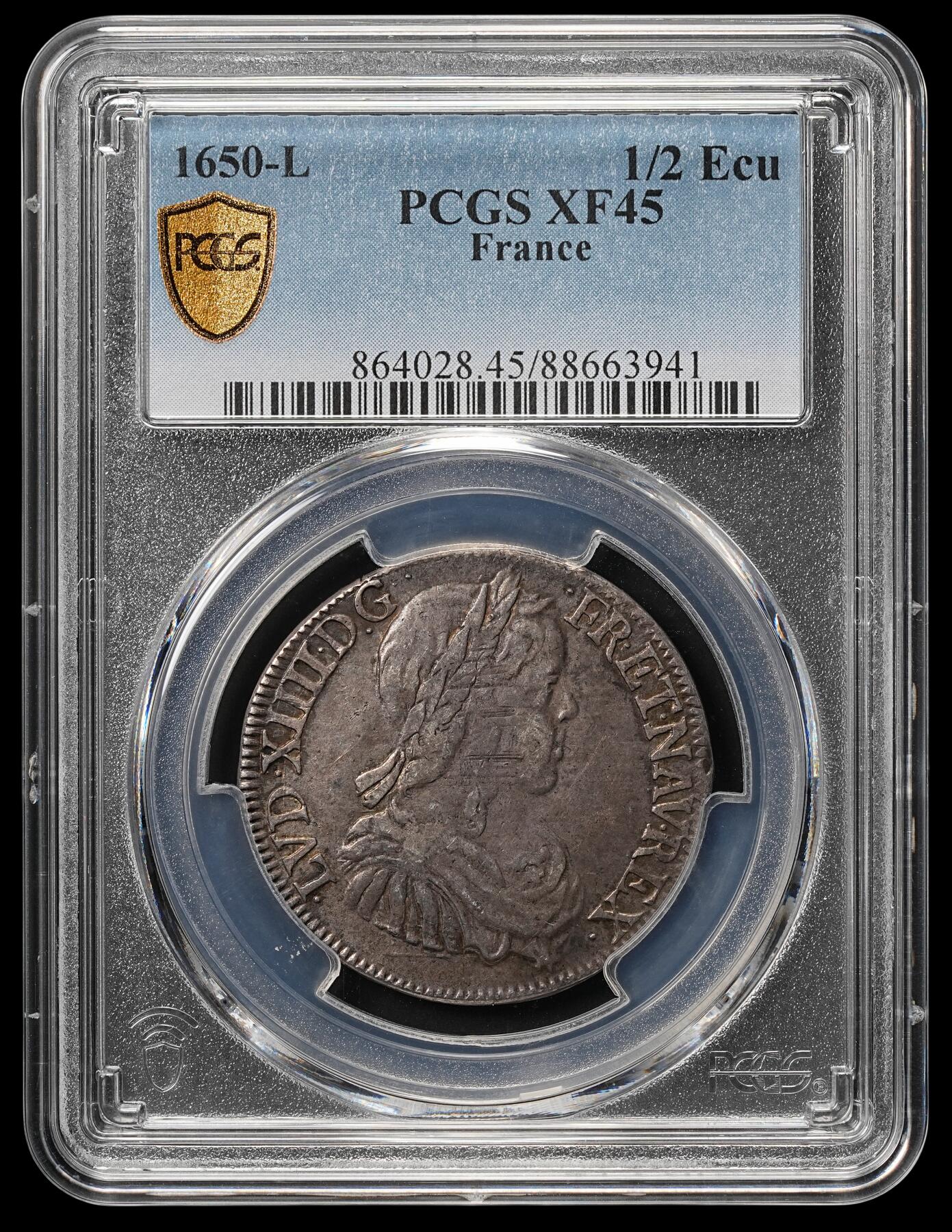 修遠堂世界钱币第四十八期 全场包邮 PCGS XF45 1650年法国1/2埃居银币 路易十四少年头像 L厂铭