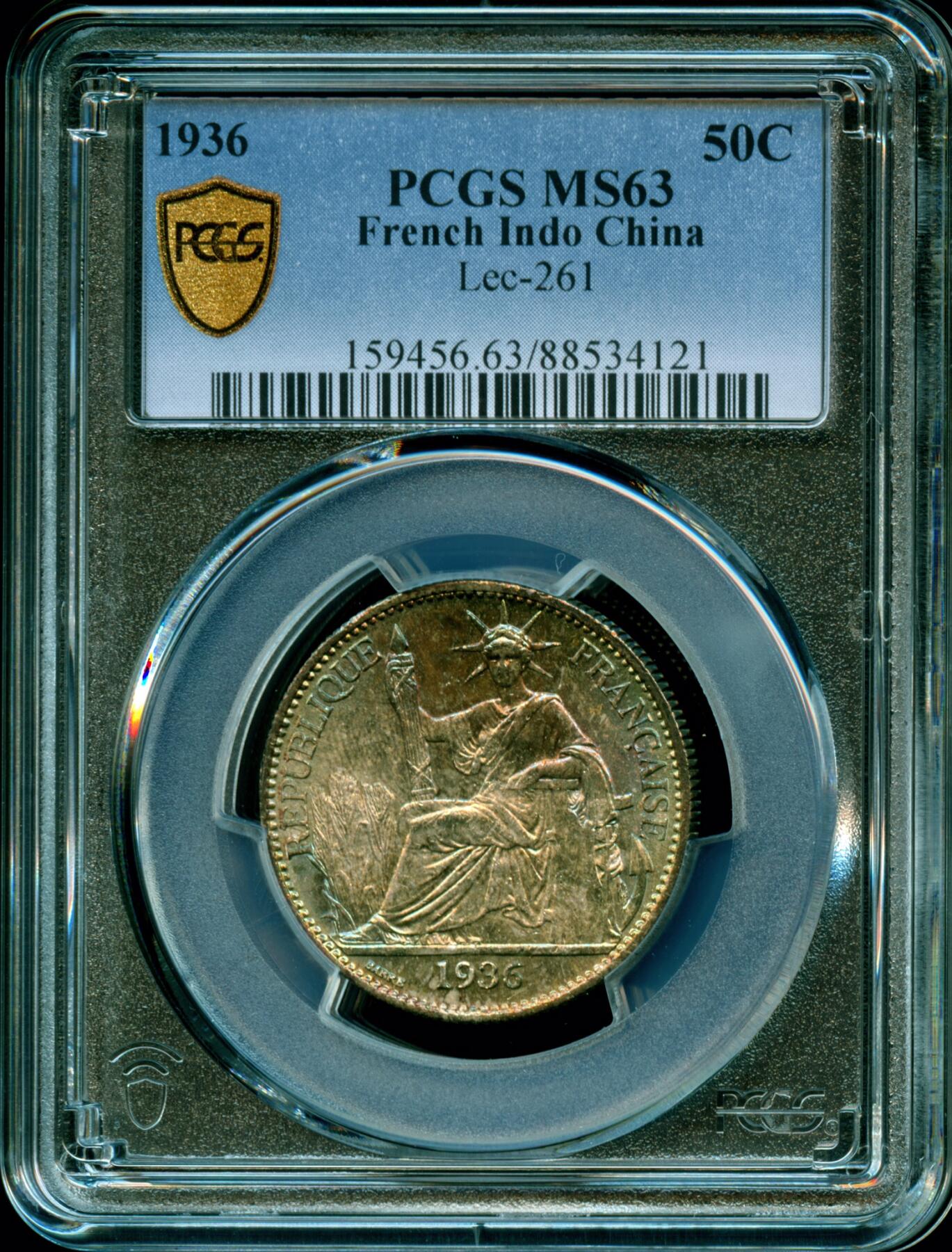 PCGS评级MS63印度法属1936年中国坐洋半圆50c银币蓝色火焰彩五彩原汁原味非常难得的状态