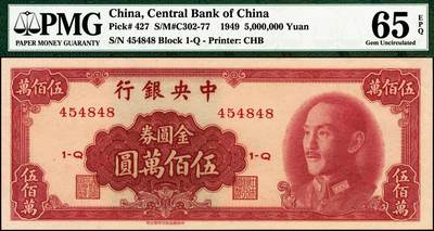 宜和2024年秋季拍卖会-纸币专场 1949年中央银行金圆券中华版伍佰万圆，刘驷业·高岳生签名，金圆券中的最大面值，名誉品，PMG 65 EPQ