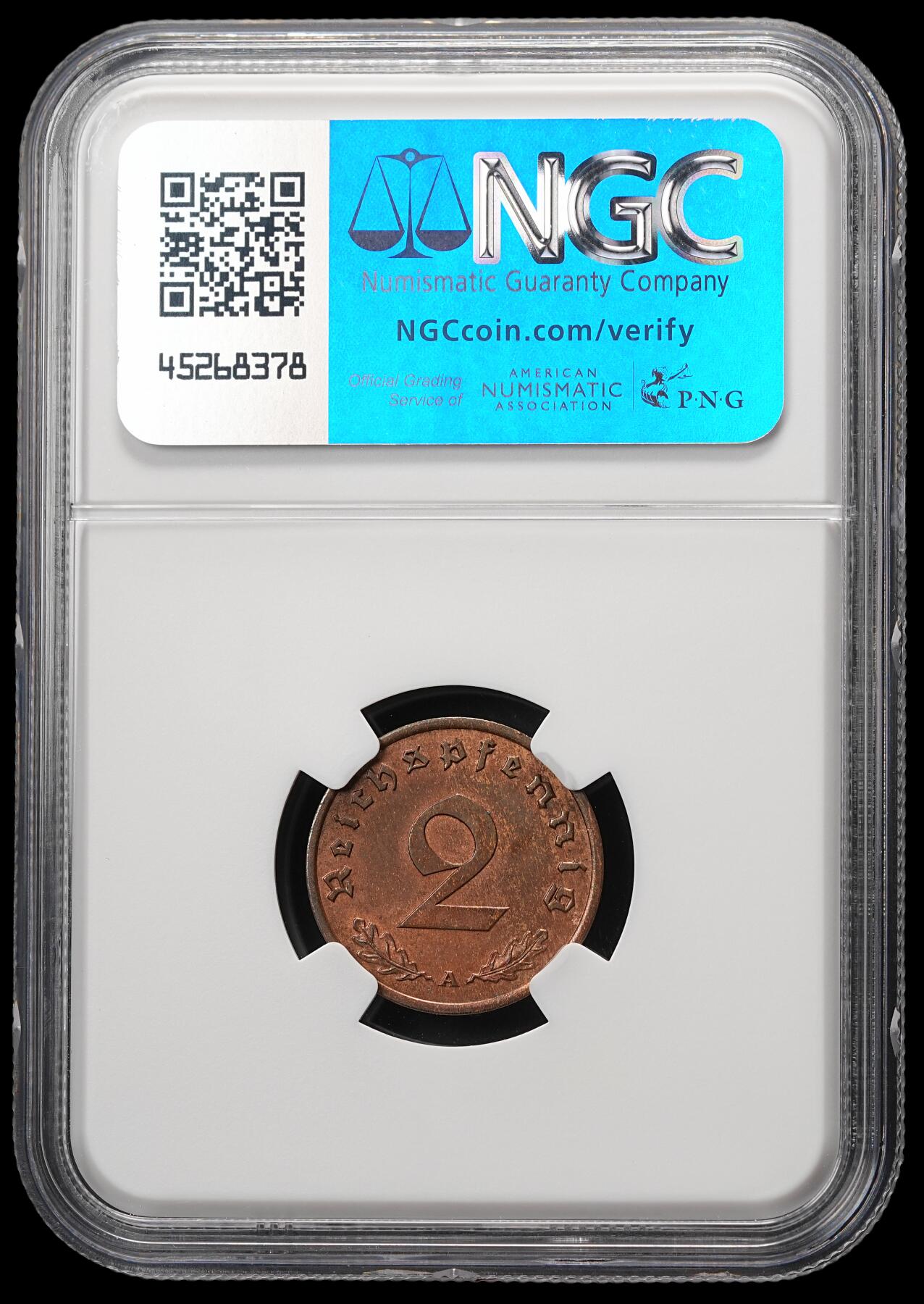 修遠堂世界钱币第四十八期 全场包邮 NGC MS62BN 1940年德三2芬尼铜币 A厂铭