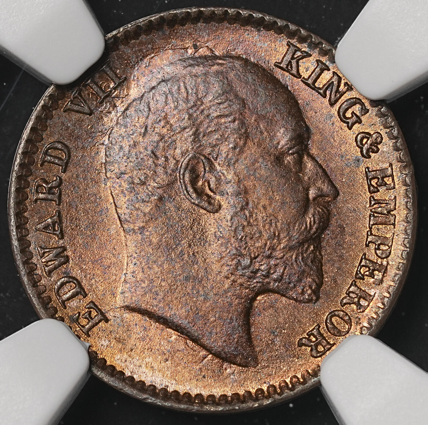 修遠堂世界钱币第四十八期 全场包邮 NGC MS63RB 1907年英属印度1/12 ANNA铜币