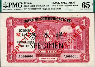 宜和2024年秋季拍卖会-纸币专场 民国二十四年（1935年）中国实业银行改交通银行壹圆单面样本券，正背共2枚，飞马图，上海地名，样本号对号，正面PMG 66 EPQ，唯一冠军分；背面PMG 65 EPQ，亚军分，仅此1枚；1935年11月国民政府实行法币政策后，因坊间壹圆钞券所需过广，不敷分配，交通银行总行遂将中国实业银行订印未发行的飞马图壹圆券加印“交通银行”字样后，于1935年12月1日发行