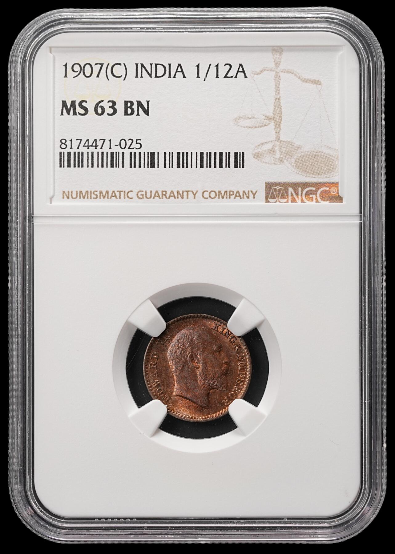 修遠堂世界钱币第四十八期 全场包邮 NGC MS63RB 1907年英属印度1/12 ANNA铜币