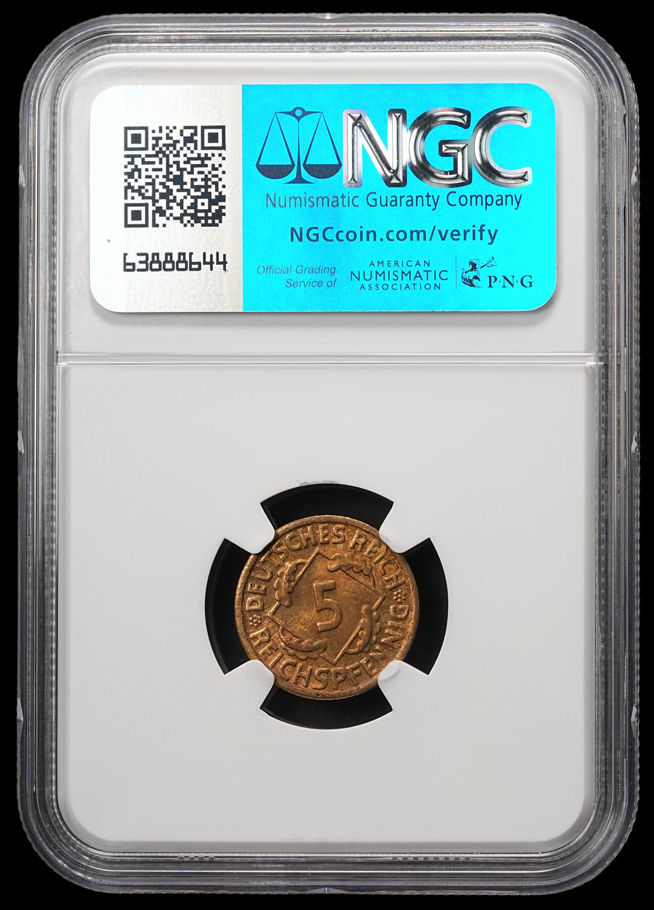 修遠堂世界钱币第四十八期 全场包邮 NGC MS64 1925年魏玛政府5芬尼铜币 F厂铭