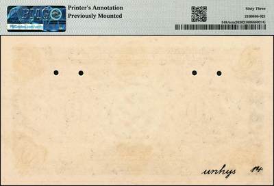 宜和2024年秋季拍卖会-纸币专场 民国十四年（1925年）四明银行德国版拾圆单面试色样本券，正背共2枚（此券刷色为紫红色，流通票刷色为蓝色），总行行屋图，上海地名，正面 PMG 63/Printer's  Annotation Previously Mounted；背面 PMG 64/Printer's  Annotation Previously Mounted，均为唯一冠军分