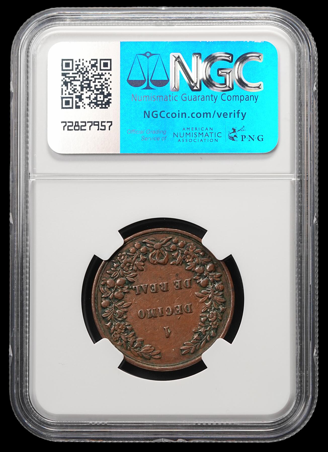 修遠堂世界钱币第四十八期 全场包邮 NGC XFD 1847年哥伦比亚1/10 Real铜币 原汁原味巧克力色