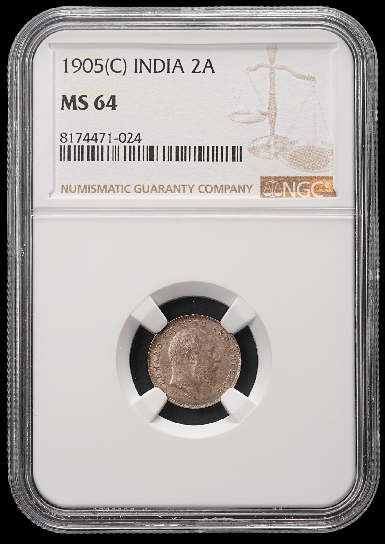 修遠堂世界钱币第四十八期 全场包邮 NGC MS64 1905年英属印度2 ANNAS银币 纸袋包浆