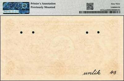 宜和2024年秋季拍卖会-纸币专场 民国十四年（1925年）四明银行德国版伍圆单面试色样本券，正背共2枚（此券刷色为棕色，流通票刷色为绿色），总行行屋图，上海地名，正面PMG 64/Printer's  Annotation Previously Mounted；背面PMG 63/Printer's  Annotation Previously Mounted，均为唯一冠军分