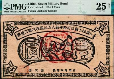 宜和2024年秋季拍卖会-纸币专场 1934年闽浙赣省苏政府粉碎敌人五次围攻决战公债券壹圆，背面印有“发行决战公债条例”，背面印刷移位，PMG 25 NET/Corner Added，Repaired