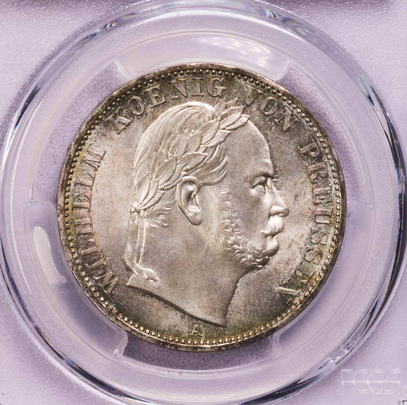 PCGS-MS66 1866普鲁士威廉桂冠泰勒 黄油包浆转光 超级品