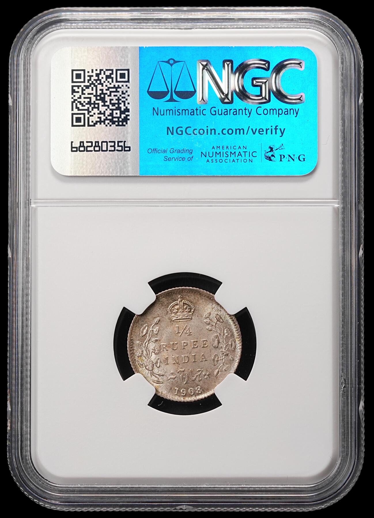 修遠堂世界钱币第四十八期 全场包邮 NGC MS65 1908年英属印度1/4卢比银币 纸袋包浆