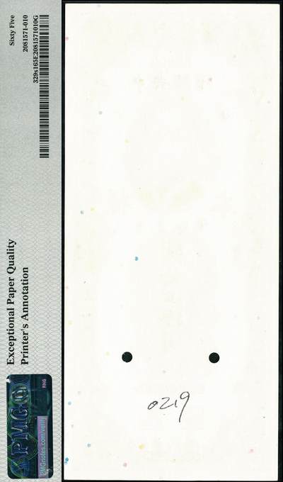 宜和2024年秋季拍卖会-纸币专场 民国十九年（1930年）中央银行关金美钞版伍拾圆单面样本券，正背共2枚，上海地名，背面各手写有编号，编号对号，均为PMG 65 EPQ/Printer's Annotation，且均为唯一冠军分。资深藏家出品，配套集藏