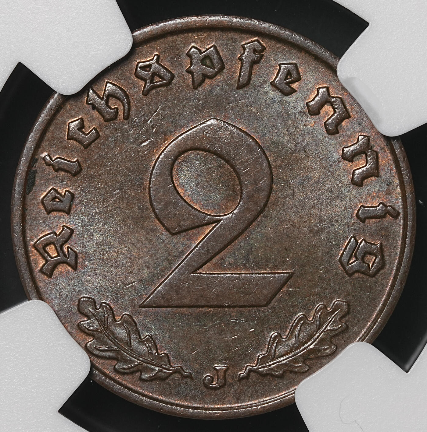 修遠堂世界钱币第四十八期 全场包邮 NGC MS63BN 1938年德三2芬尼铜币 J厂铭