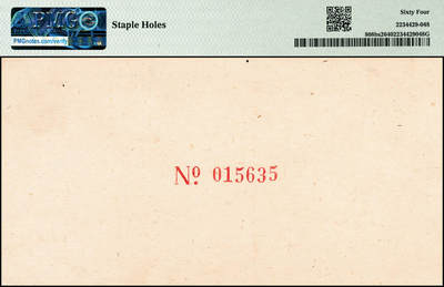 宜和2024年秋季拍卖会-纸币专场 1948年第一版人民币“耕地与工厂”壹佰圆单面票样，正背共2枚，中国人民银行第一印刷局印制，五星水印，票样号对号，均为PMG 64/Staple Holes