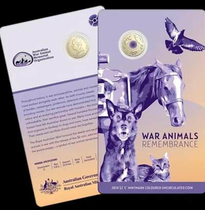 布加迪🐬～世界钱币(上海)🌾第 184 期 /  各国套币和散币 - 澳大利亚🇦🇺 2024年 2澳元 战争中的动物 C标版纪念币卡装
