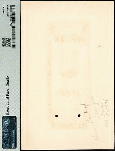 宜和2024年秋季拍卖会-纸币专场 民国三十年（1941年）中国银行美钞版竖式伍百圆单面样本券，正背共2枚，均贴于卡纸上，宋汉章·贝祖贻签名，原始铅笔编码，资深藏家出品，配套集藏，背面分别写有“China Bank of，shanghai 500 face F12896”、“shanghai F12896”，均为PMG 66 EPQ，唯一冠军分