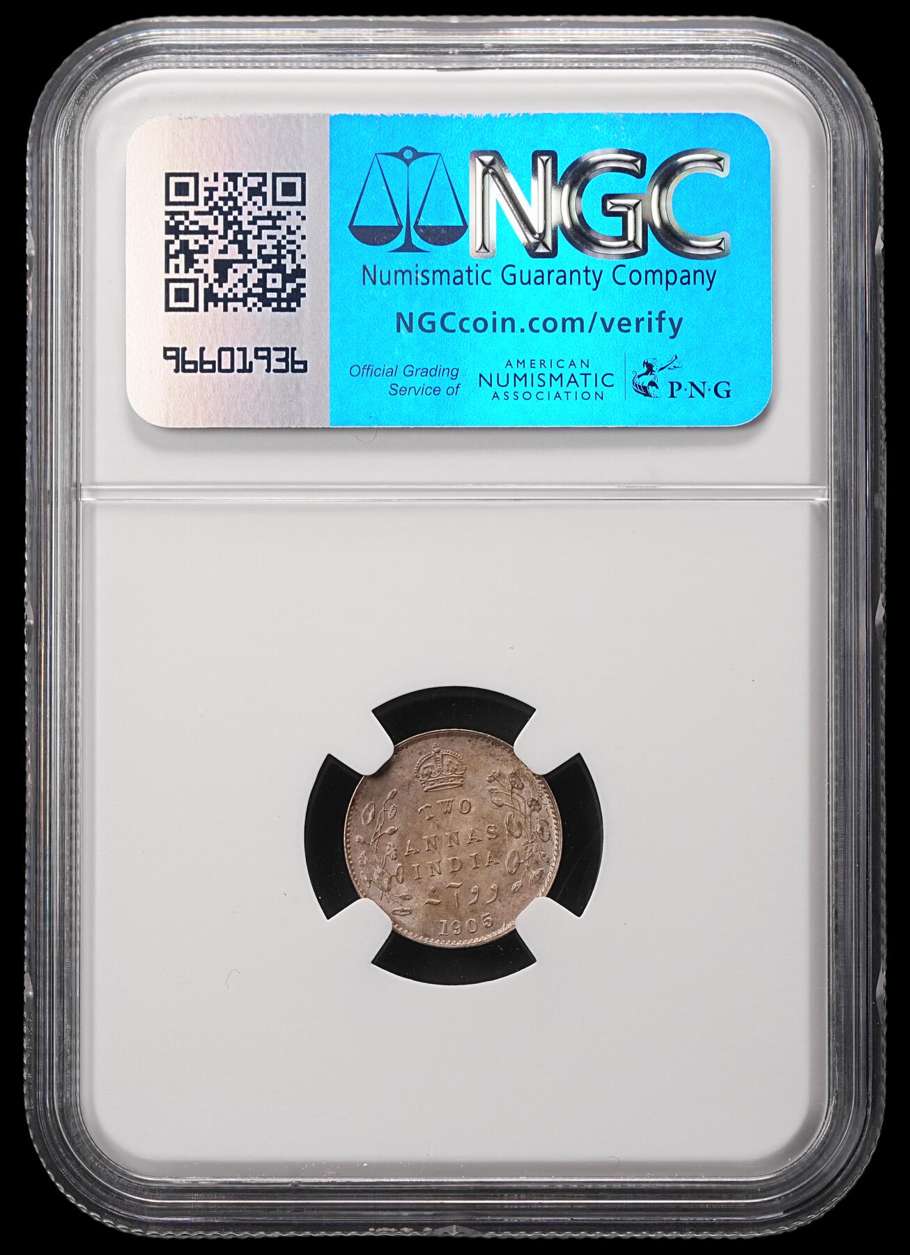 修遠堂世界钱币第四十八期 全场包邮 NGC MS64 1905年英属印度2 ANNAS银币 纸袋包浆