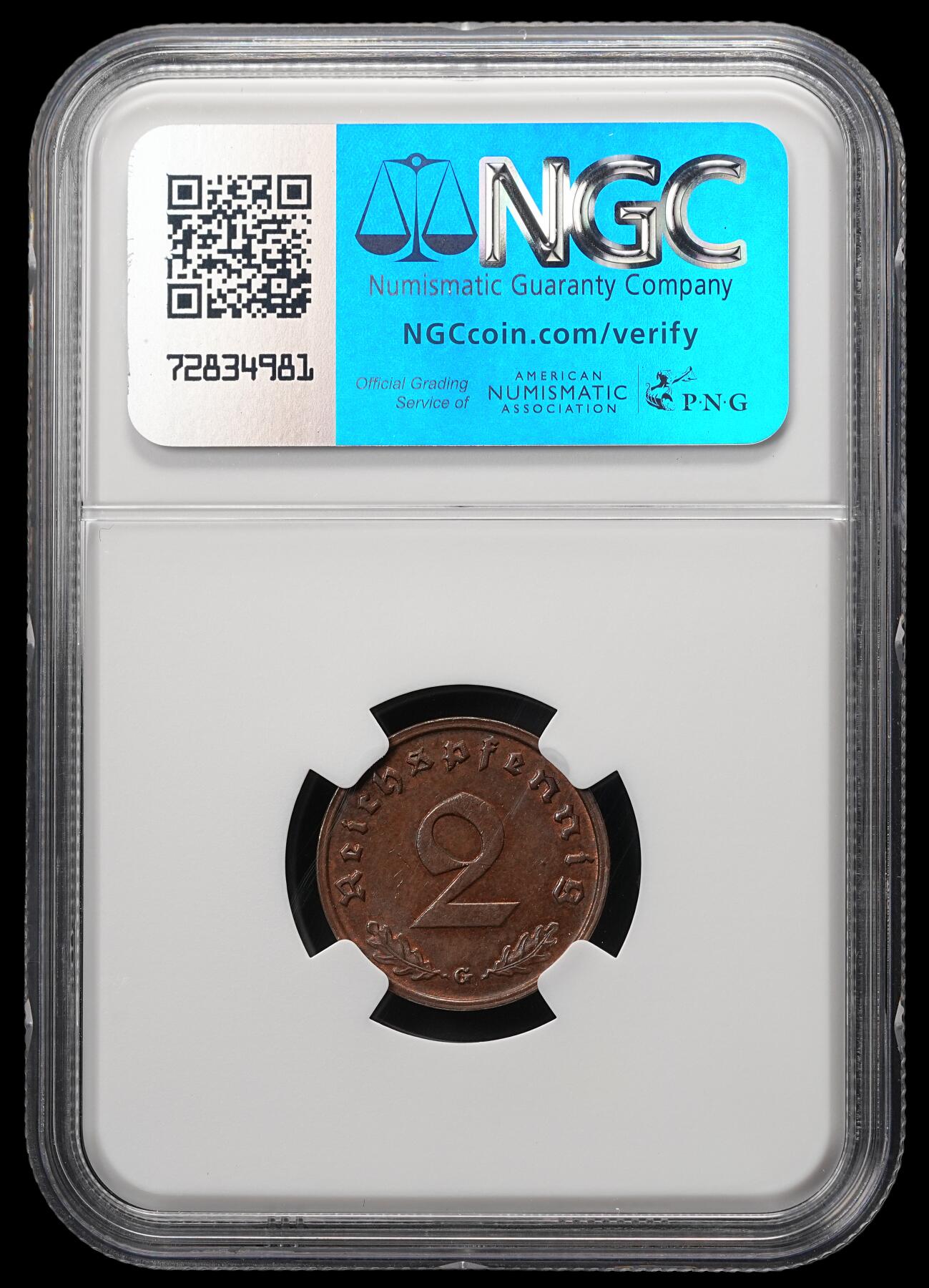 修遠堂世界钱币第四十八期 全场包邮 NGC MS62BN 1939年德三2芬尼铜币 G厂铭