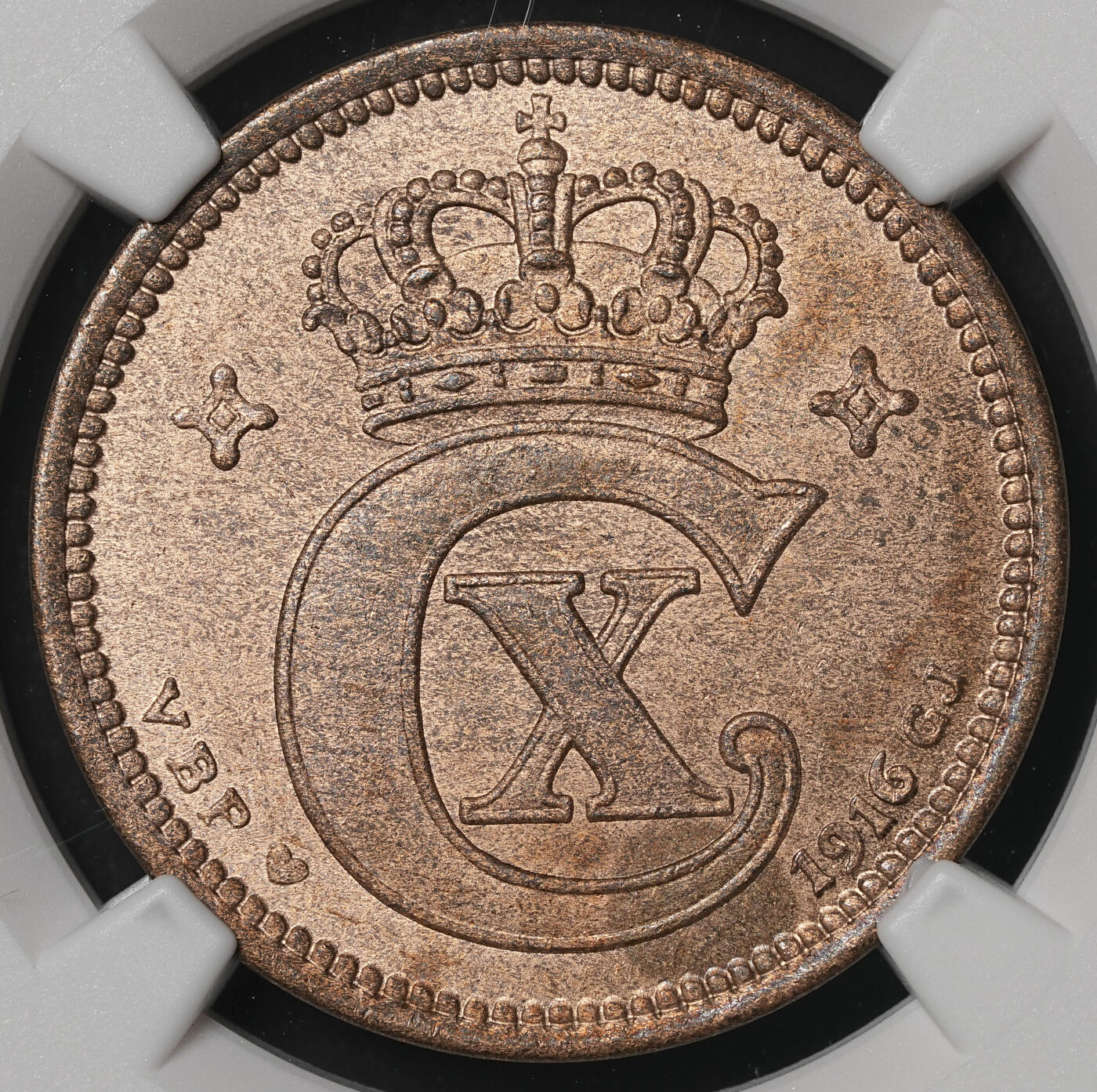修遠堂世界钱币第四十八期 全场包邮 NGC MS65RB 1916年丹麦5欧尔铜币 较少见年份 铸造量只有80多万枚