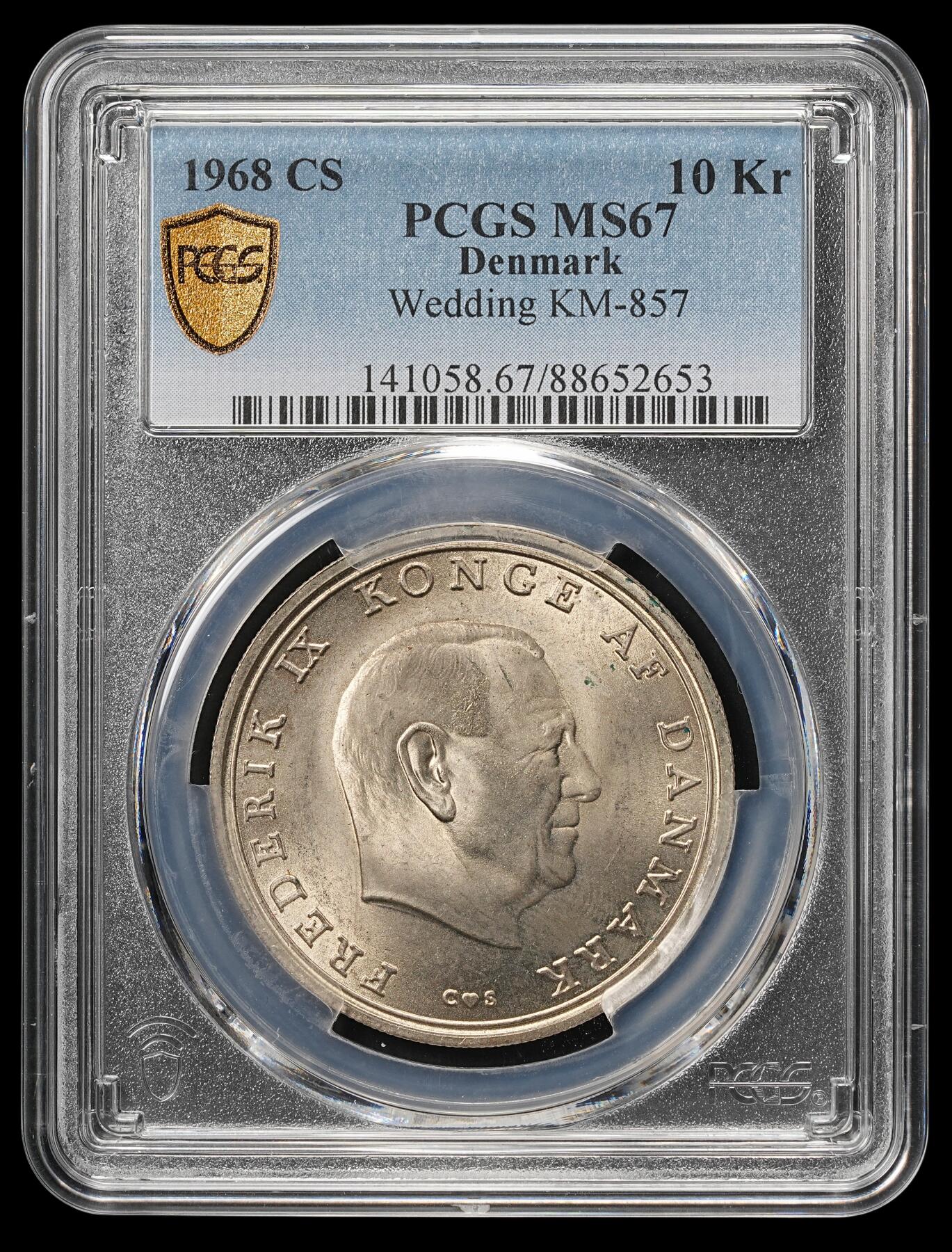 修遠堂世界钱币第四十八期 全场包邮 PCGS MS67 1968年丹麦公主本尼迪克特结婚纪念10克朗银币 20.40g，含银80%