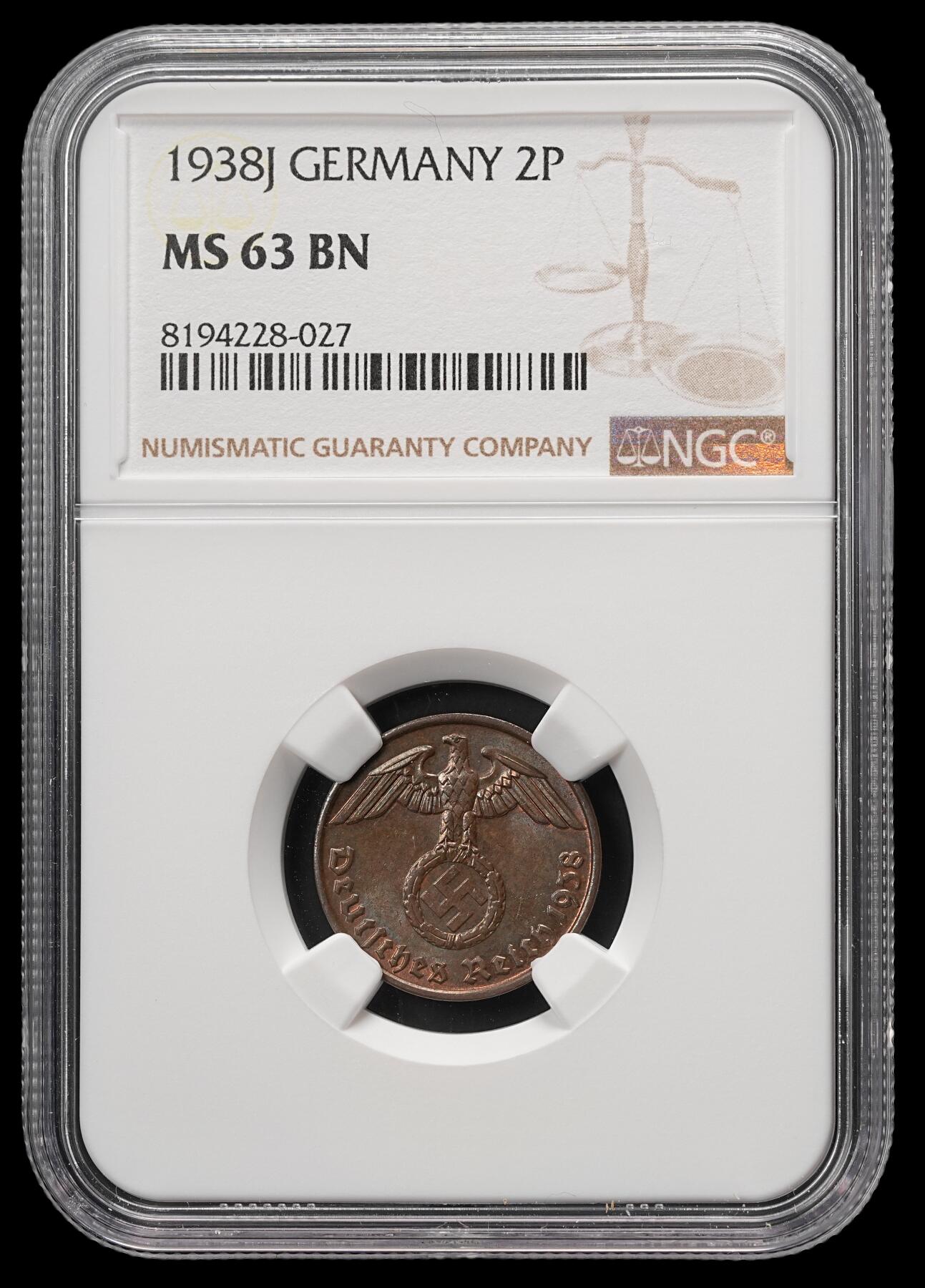 修遠堂世界钱币第四十八期 全场包邮 NGC MS63BN 1938年德三2芬尼铜币 J厂铭