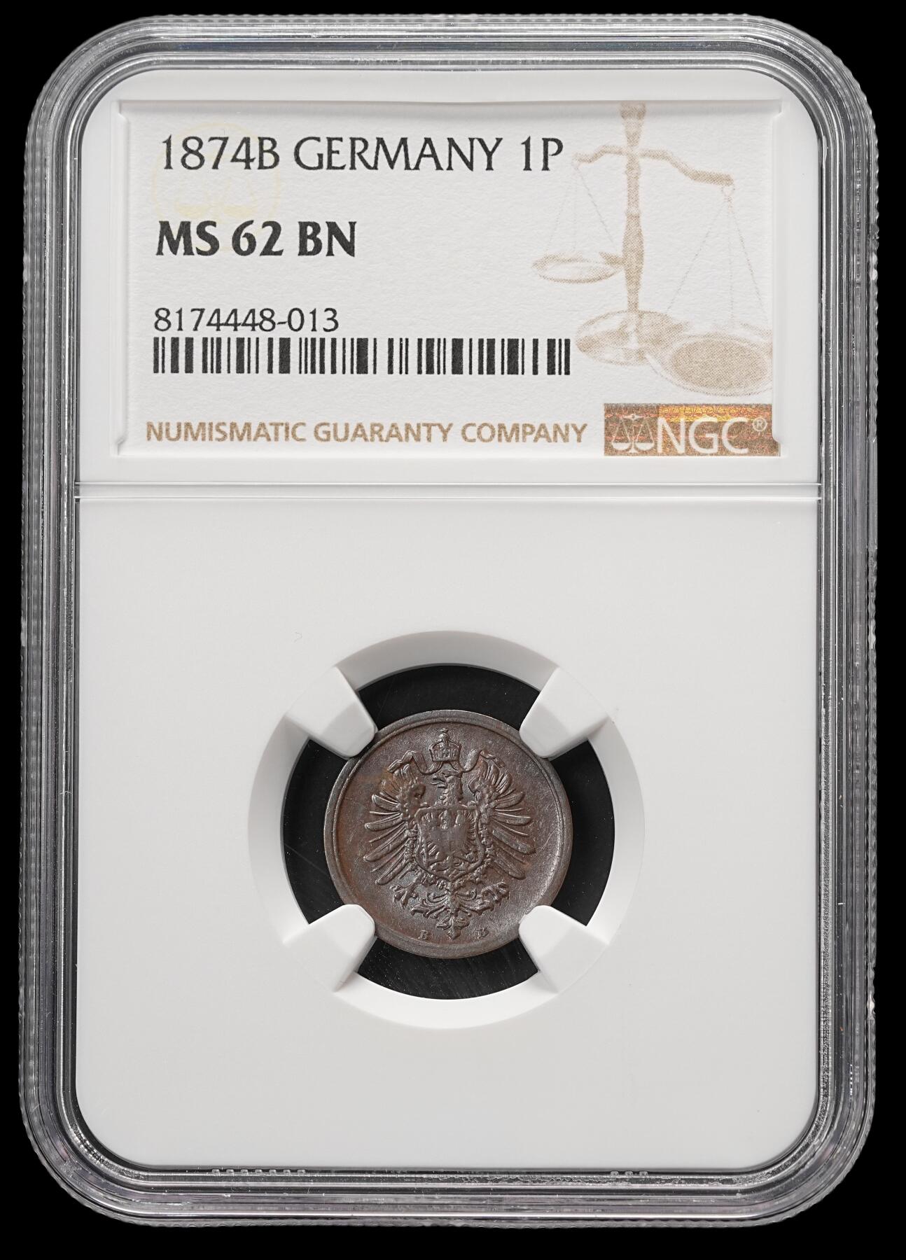 修遠堂世界钱币第四十八期 全场包邮 NGC MS62BN 1874年德国1芬尼铜币 B厂铭