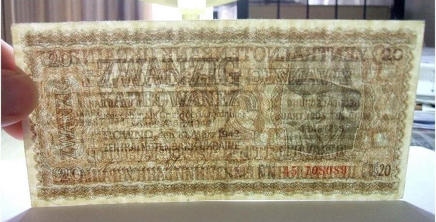 德国第三帝国占乌克兰1942年20卡博瓦内斯（等同20马克） 极美品
