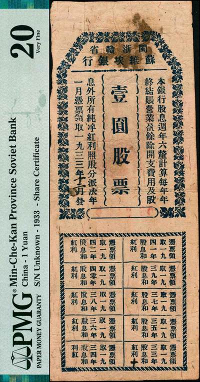 宜和2024年秋季拍卖会-纸币专场 1933年闽浙赣省苏维埃银行壹圆股票，蓝色印刷版，票上章印清晰，且附带完整息票，由方志敏领导的闽浙赣省苏维埃政府所发行，诚属珍贵之红色革命文物；中国金融业老股票之顶级大珍品，PMG 20；Minor Repair，Previously Mounted，Overprints Faded