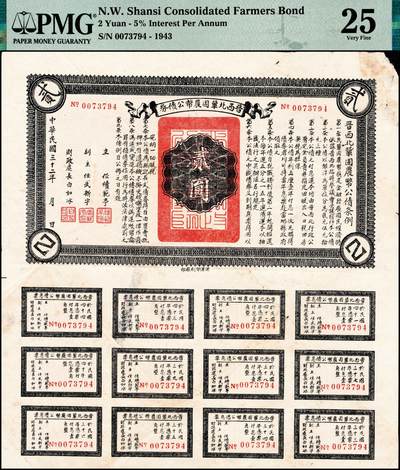 宜和2024年秋季拍卖会-纸币专场 民国三十二年（1943年）晋西北巩固农币公债券贰圆，抗战时期山西解放区发行，附带有息票，印有晋西北巩固农币公债条例，少见，PMG 25/12 Coupons Attached，Paper Damage，Annotations