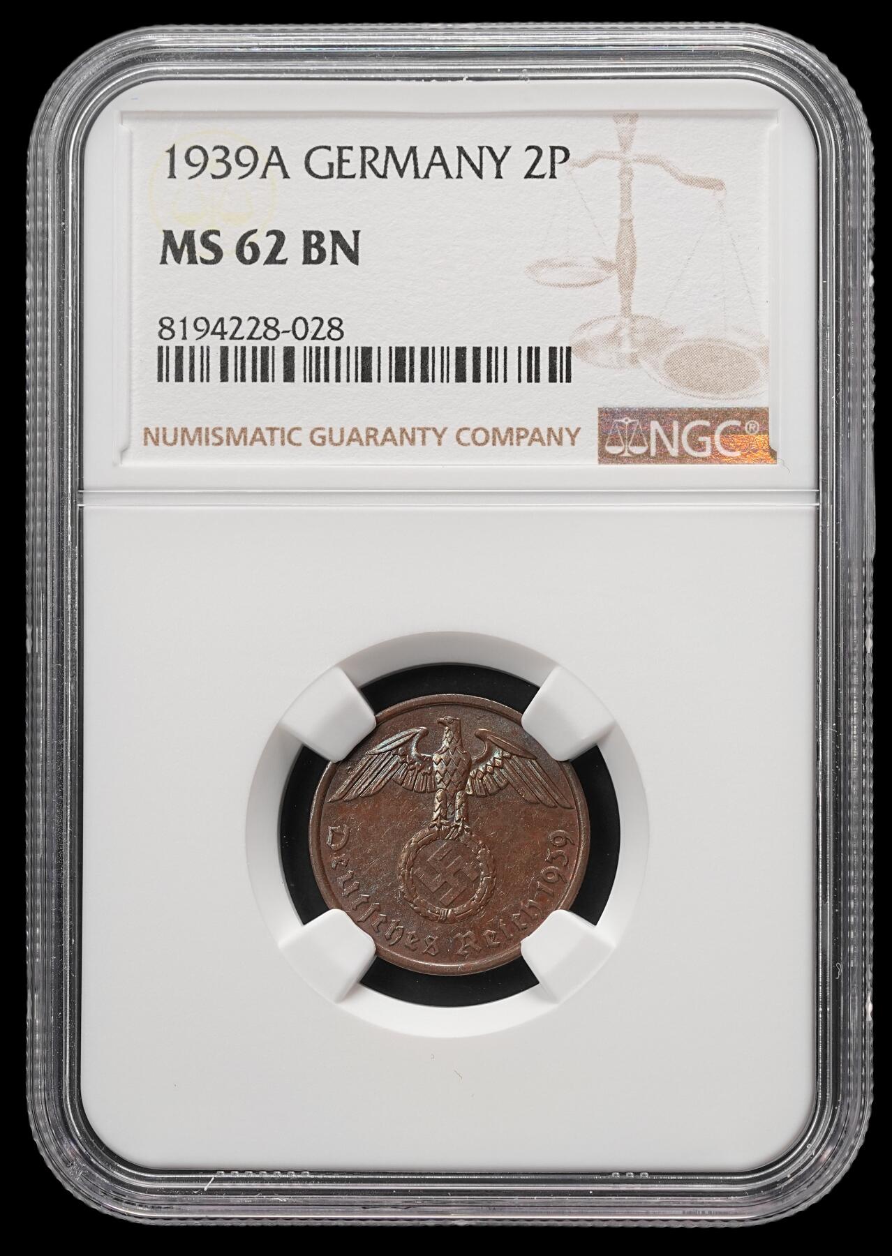 修遠堂世界钱币第四十八期 全场包邮 NGC MS62BN 1939年德三2芬尼铜币 A厂铭