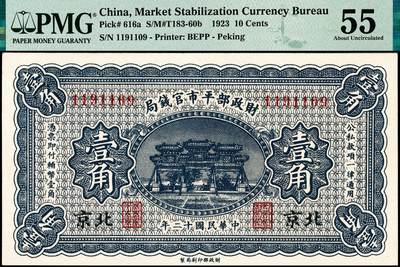 宜和2024年秋季拍卖会-纸币专场 民国十二年（1923年）财政部平市官钱局财政部版壹角一组2枚，分别为PMG 55/Annotation北京地名券与PMG 66 EPQ无地名券