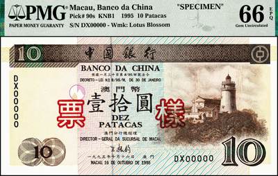 宜和2024年秋季拍卖会-纸币专场 1995年中国银行澳门元票样一组6枚，其中：壹拾圆，亚军分；贰拾圆；伍拾圆，亚军分；壹佰圆，亚军分；伍佰圆，冠军分，仅2枚；壹仟圆样票，冠军分，仅7枚；PMG 64 EPQ-PMG 68 EPQ