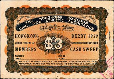 宜和2024年秋季拍卖会-纸币专场 香港马票及礼券3种，详分：1929年南华体育会，会友马票拾圆；香港九龙精武体育会，会友马票叁圆；1965年（香港）永业有限公司地产部酬谢顾客赠券港币伍百圆；八五成新