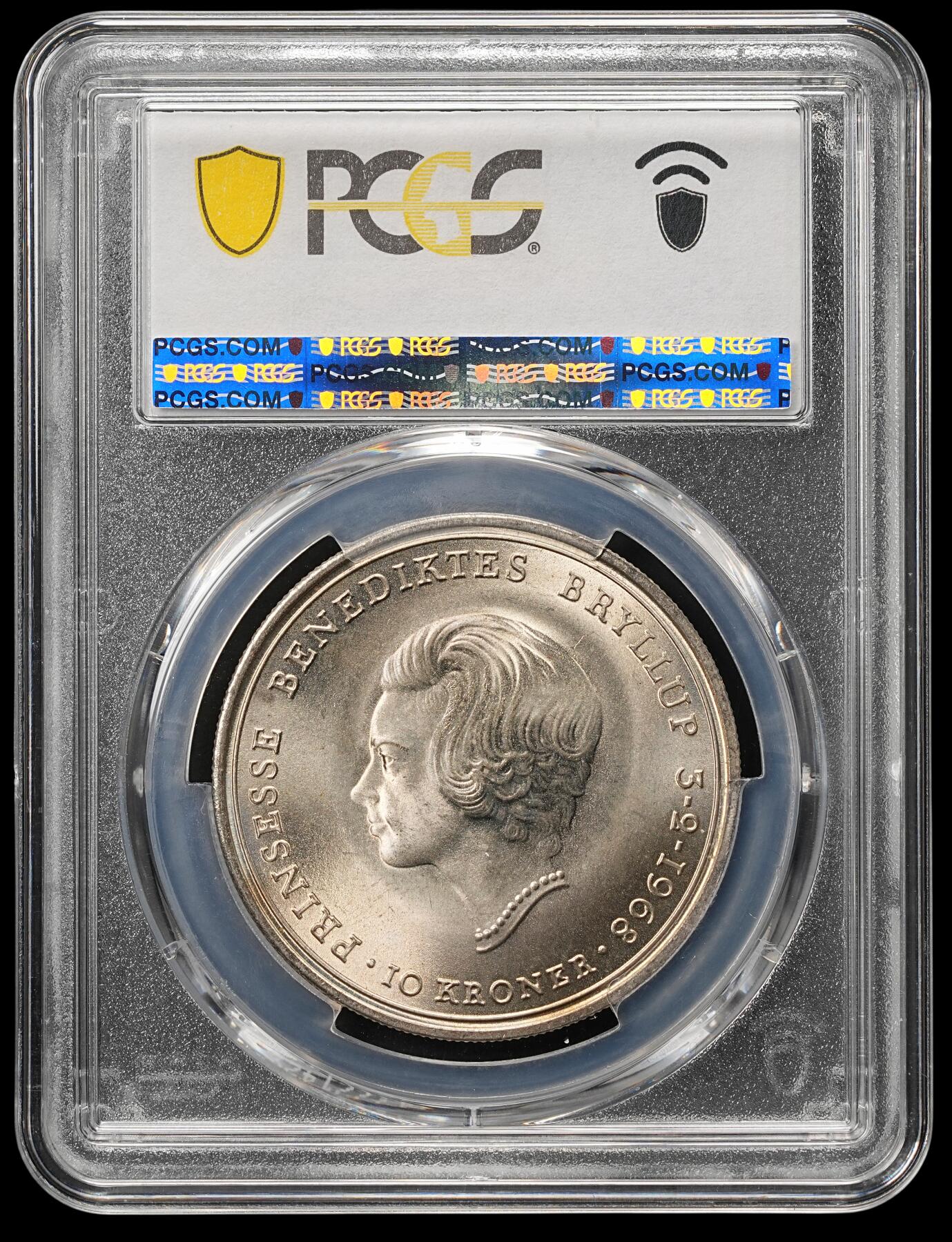 修遠堂世界钱币第四十八期 全场包邮 PCGS MS67 1968年丹麦公主本尼迪克特结婚纪念10克朗银币 20.40g，含银80%