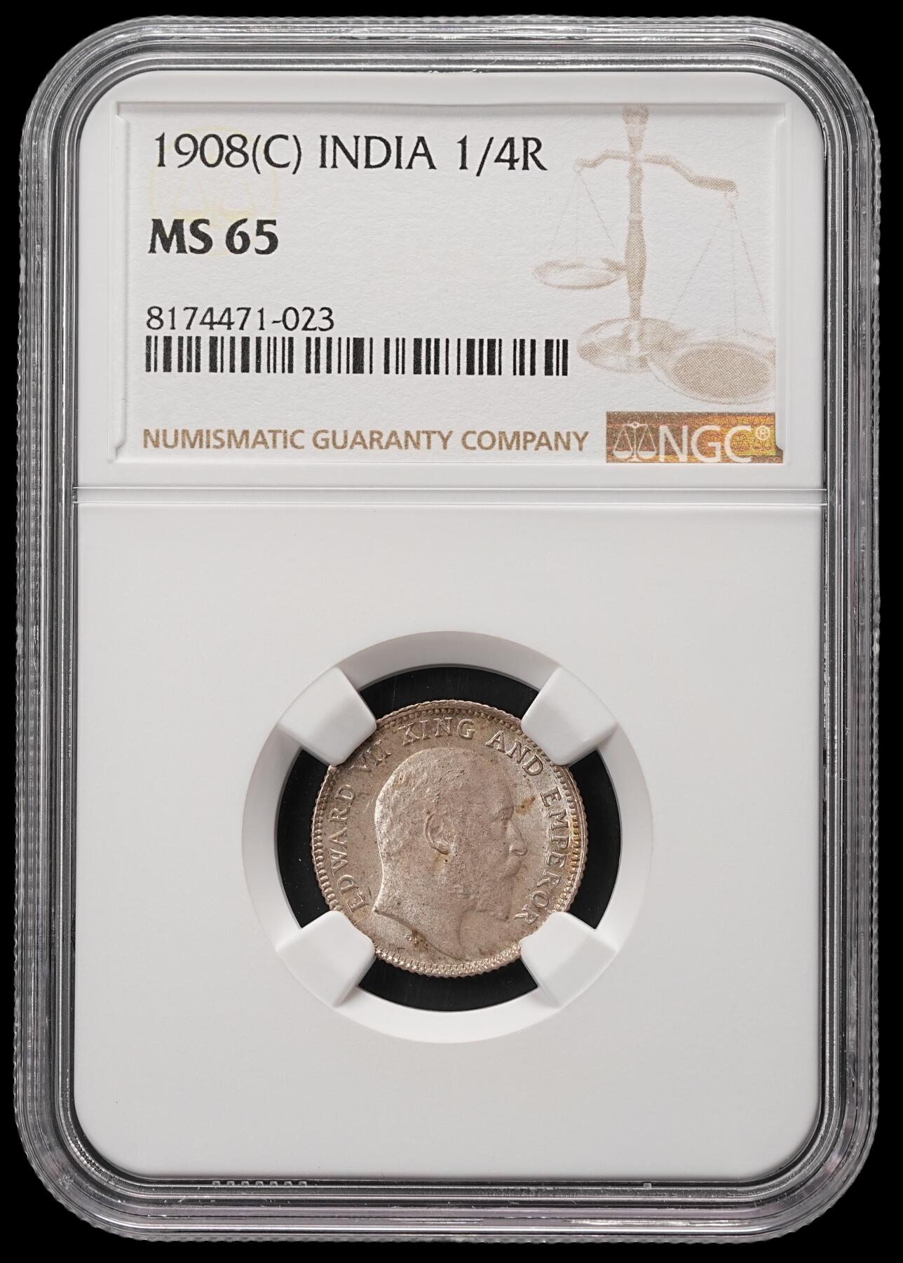 修遠堂世界钱币第四十八期 全场包邮 NGC MS65 1908年英属印度1/4卢比银币 纸袋包浆