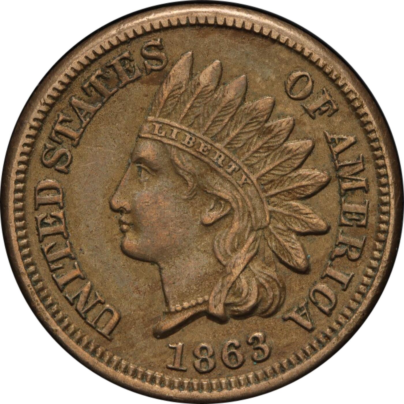 PCGS评级AU55美国1863年1美分铜镍币深打好品清晰的羽毛原汁原味老包浆