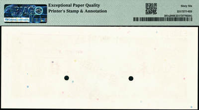 宜和2024年秋季拍卖会-纸币专场 1945年中央银行金圆券美钞版林森像贰拾圆单面样本券，正背共2枚，印有美钞代号“F12029”和印制时间“6/28/45”，正面PMG 66 EPQ/Printer's Stamp；背面PMG 66 EPQ/Printer's Stamp & Annotation，均为唯一冠军分；资深藏家出品，配套集藏