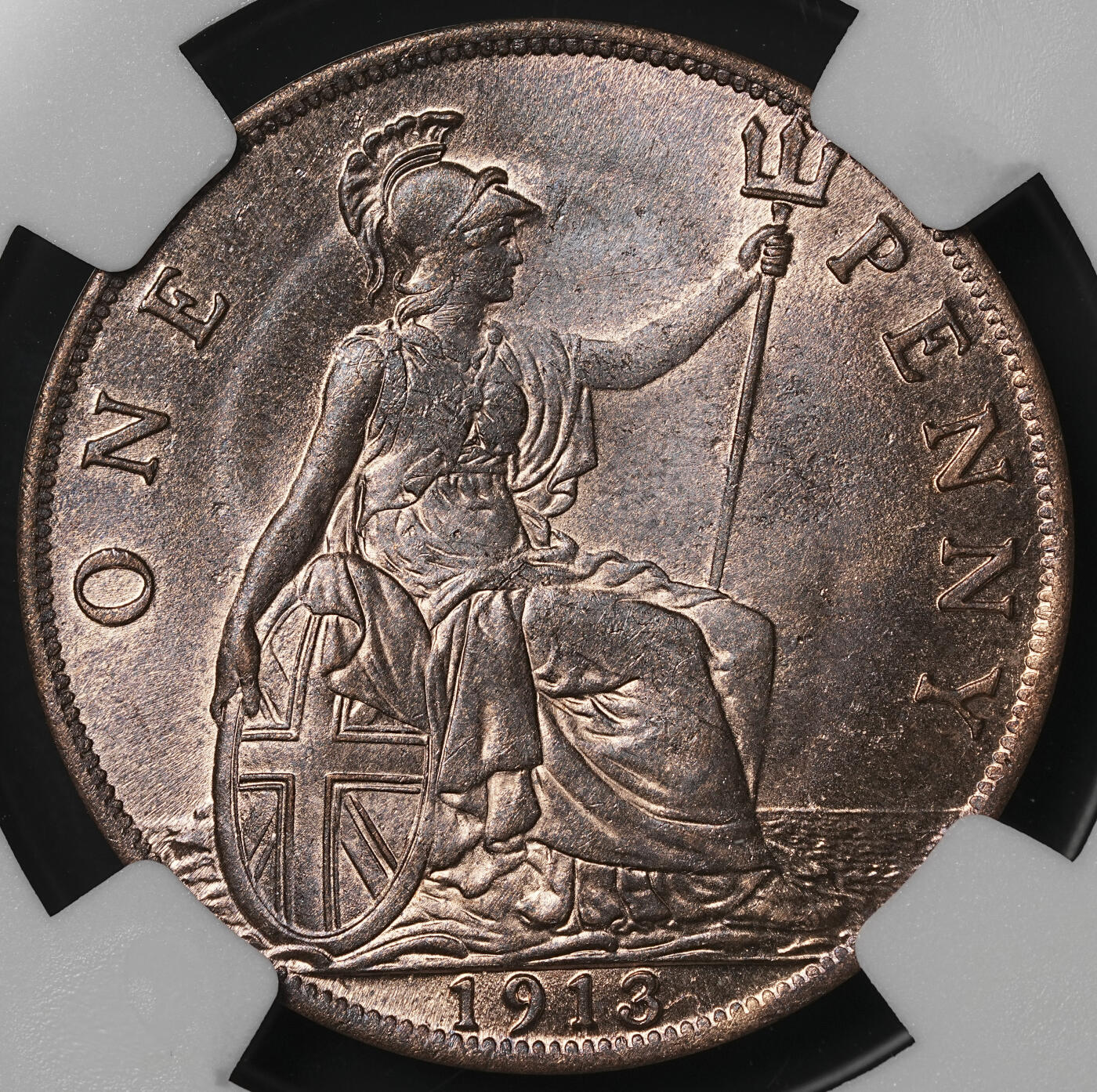 修遠堂世界钱币第四十八期 全场包邮 NGC MS64RB 1913年英国1便士铜币