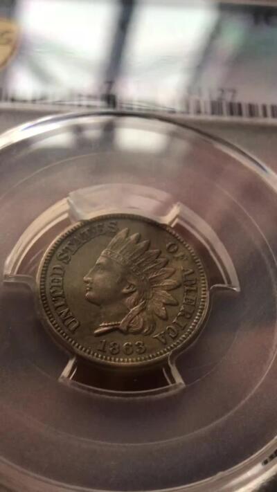 PCGS评级AU55美国1863年1美分铜镍币深打好品清晰的羽毛原汁原味老包浆