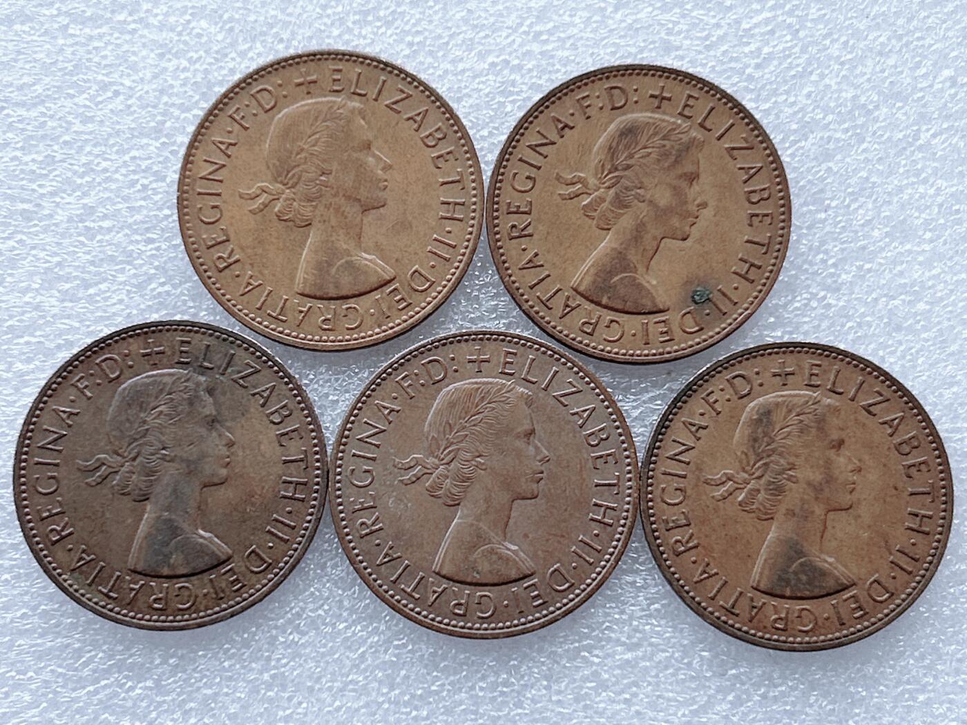 第一海外回流一元起拍收藏 散集专场. 第143期 英国1便士不列颠女神伊丽莎白女王铜币 5枚