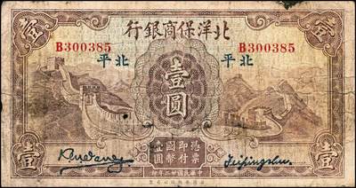 宜和2024年秋季拍卖会-纸币专场 民国纸币一组2枚：①民国十五年（1926年）农商银行美钞版伍圆，上海地名，六品；②民国廿二年（1933年）北洋保商银行壹圆，大“北平”地名，背印领券“70”，七品