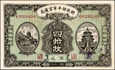 宜和2024年秋季拍卖会-纸币专场 民国时期财政部钞券一组7枚，详分：财政部平市官钱局1915年直隶地名壹佰枚；1923年北京地名贰角、张家口地名伍角；京兆地名拾枚、四拾枚；财政部定期有利国库券1919年通用银元中圆；财政部特别流通券1923年北京地名壹圆；八五品至九八品