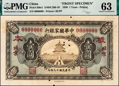 宜和2024年秋季拍卖会-纸币专场 民国十九年（1930年）中华国家银行壹圆单面样本券，正背共2枚，北京地名，中原大战时期阎锡山所部发行，珍罕，正面PMG 63/Rust Removal，Foreign Substance；背面PMG 63/Stains Lightened，均为唯一冠军分。1930年3月，阎锡山、冯玉祥等通电讨蒋，5月，蒋介石下令对阎锡山、冯玉祥进攻，中原大战爆发。为筹措军费，1930年7月，阎锡山以陆海空军总司令