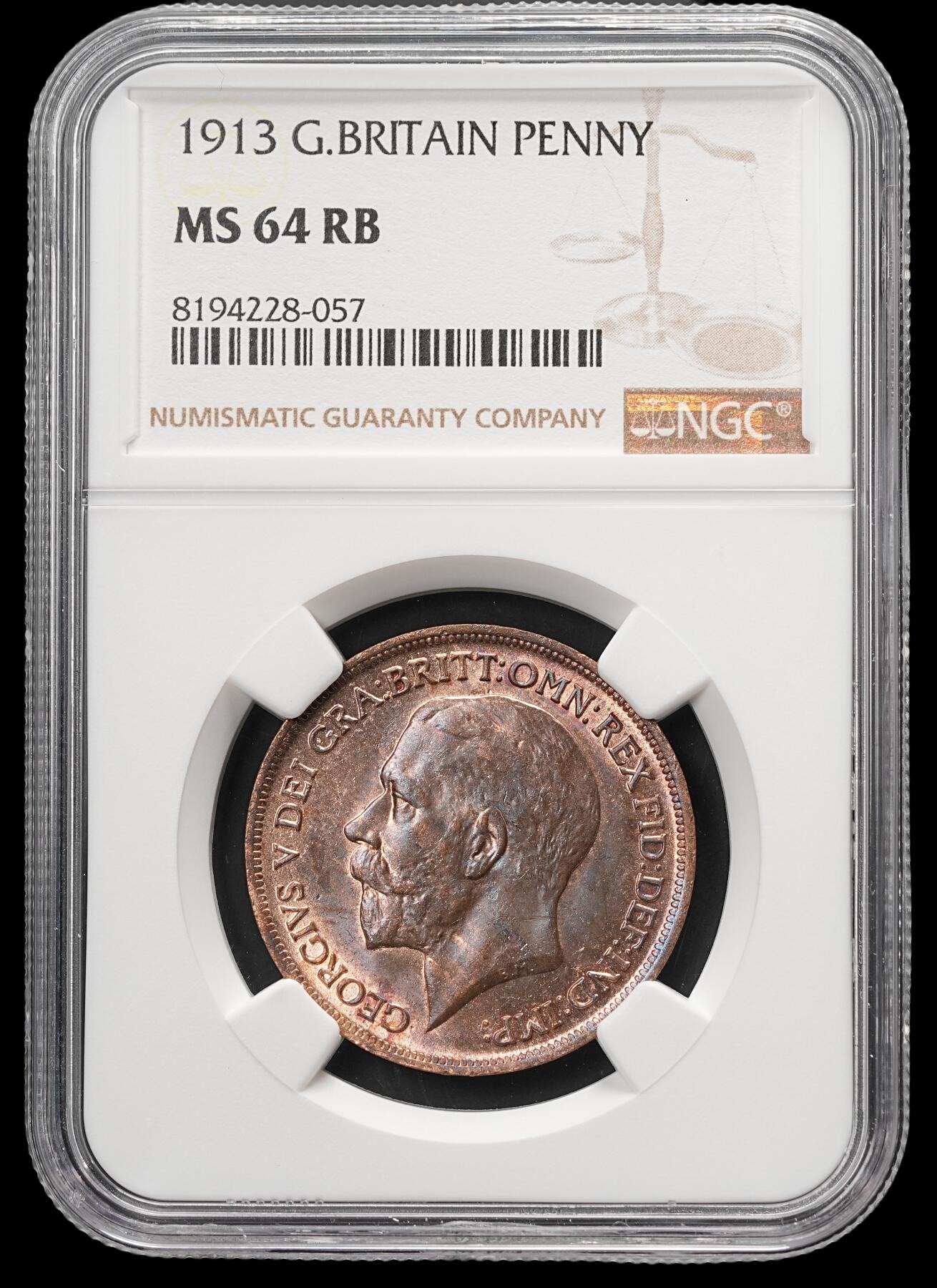 修遠堂世界钱币第四十八期 全场包邮 NGC MS64RB 1913年英国1便士铜币