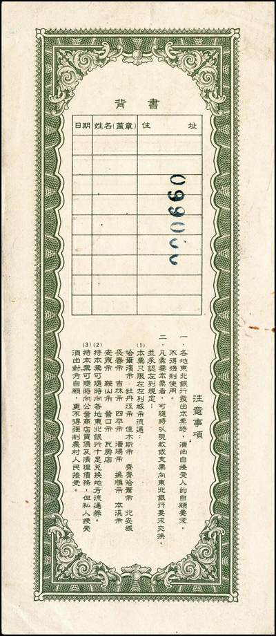 宜和2024年秋季拍卖会-纸币专场 1949年东北银行本票乙种伍拾万圆、壹佰万圆双面票样各一枚，背书表格及“注意事项”；少见，八到九成新